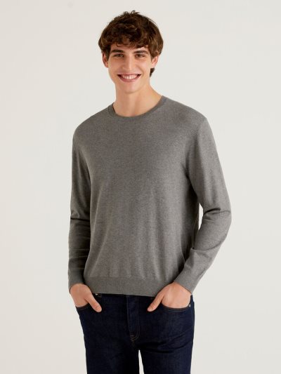 Men's Benetton Crew Neck Lightweight Cotton Blend Sweaters Dark Grey | NZ356585
