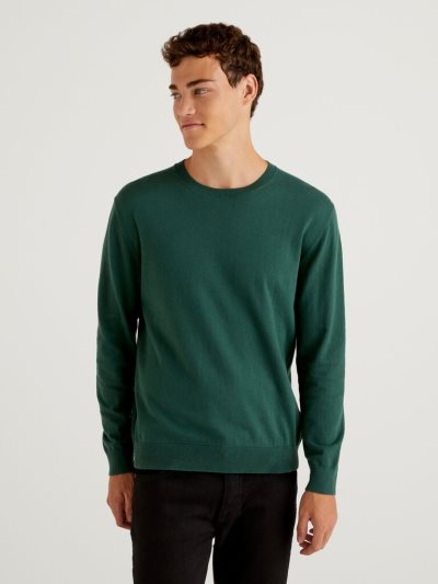 Men's Benetton Crew Neck Lightweight Cotton Blend Sweaters Dark Green | NZ843198