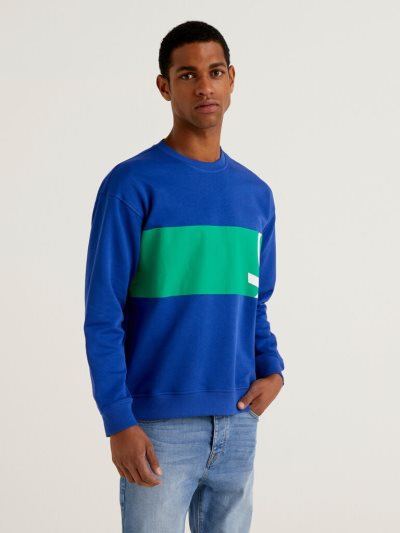 Men's Benetton Crew Neck Logo Print Sweatshirt Bright Blue | NZ070475