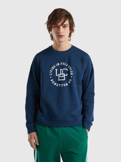 Men's Benetton Crew Neck Logo Print Sweatshirt Air Force Blue | NZ241812