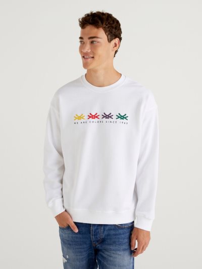 Men's Benetton Crew Neck Logo Print Sweatshirt Creamy White | NZ345614