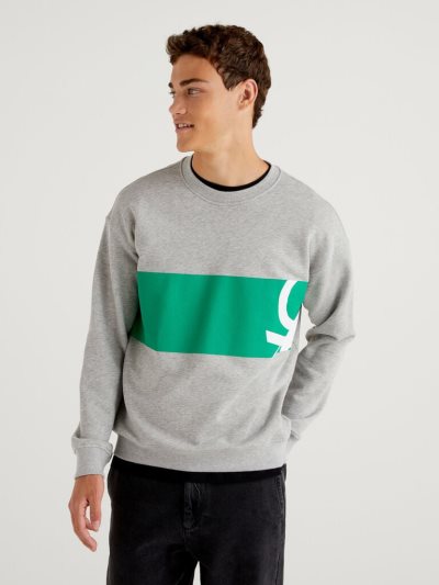 Men's Benetton Crew Neck Logo Print Sweatshirt Grey | NZ447451