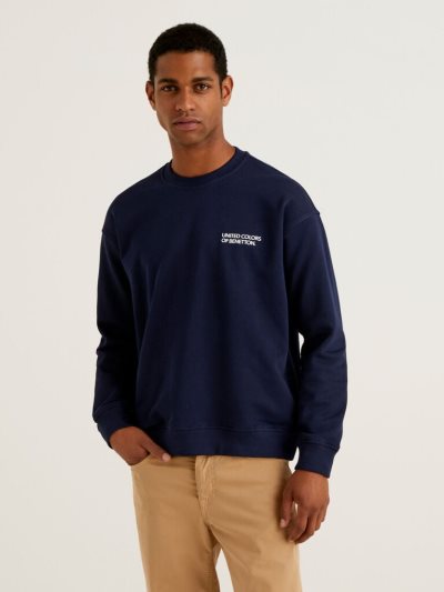 Men's Benetton Crew Neck Logo Print Sweatshirt Dark Blue | NZ656512