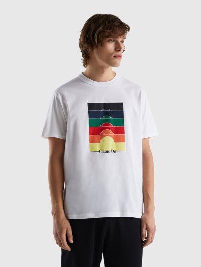Men's Benetton Crew Neck Print Short Sleeve T-shirts White | NZ295834