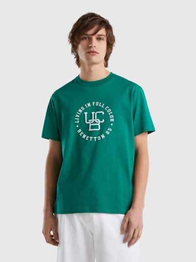 Men's Benetton Crew Neck Print Short Sleeve T-shirts Dark Green | NZ689749
