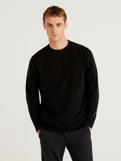 Men's Benetton Crew Neck Pure Merino Wool Sweaters Black | NZ006922
