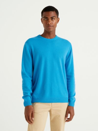 Men's Benetton Crew Neck Pure Merino Wool Sweaters Turquoise | NZ025145