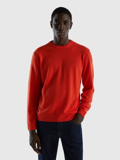 Men's Benetton Crew Neck Pure Merino Wool Sweaters Red | NZ029166