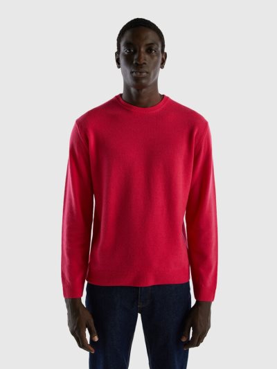 Men's Benetton Crew Neck Pure Merino Wool Sweaters Deep Fuchsia | NZ238449