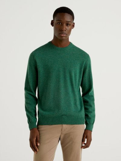 Men's Benetton Crew Neck Pure Merino Wool Sweaters Dark Green | NZ247516