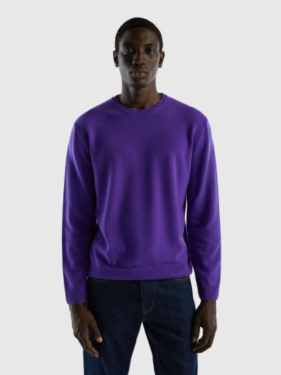Men's Benetton Crew Neck Pure Merino Wool Sweaters Deep Blue | NZ446409