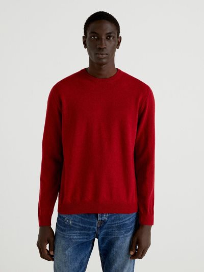 Men's Benetton Crew Neck Pure Merino Wool Sweaters Burgundy | NZ472560