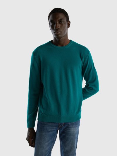 Men's Benetton Crew Neck Pure Merino Wool Sweaters Dark Green | NZ494422