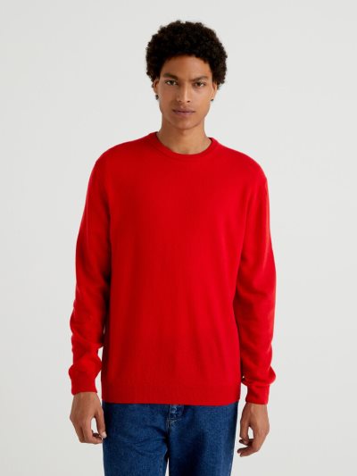 Men's Benetton Crew Neck Pure Merino Wool Sweaters Red | NZ809574