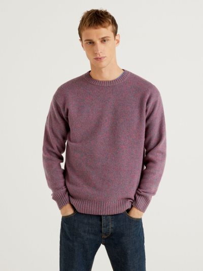 Men's Benetton Crew Neck Pure Shetland Wool Sweaters Mauve | NZ201049