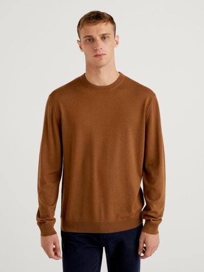 Men's Benetton Crew Neck Pure Virgin Wool Sweaters Brown | NZ037434