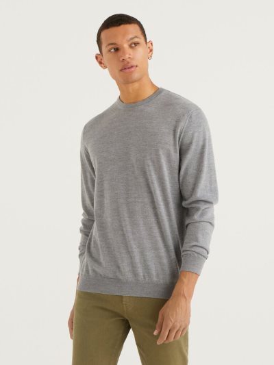 Men's Benetton Crew Neck Pure Virgin Wool Sweaters Grey | NZ224290