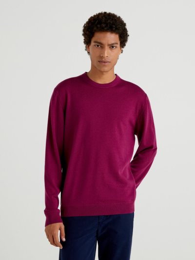 Men's Benetton Crew Neck Pure Virgin Wool Sweaters Plum | NZ351710