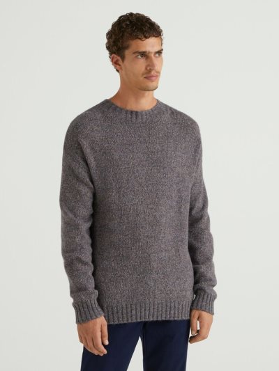 Men's Benetton Crew Neck Wool Blend Sweaters Dark Grey | NZ683076