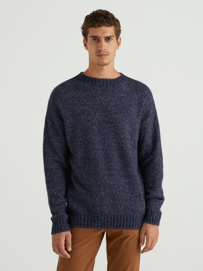 Men's Benetton Crew Neck Wool Blend Sweaters Dark Blue | NZ711144