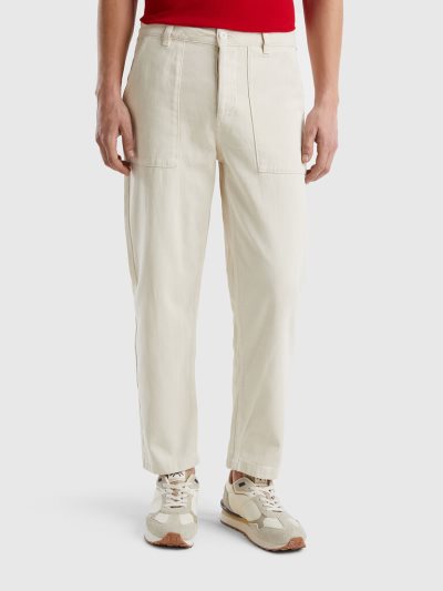 Men's Benetton Cropped Straight Leg Trousers White | NZ207114