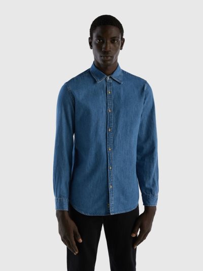 Men's Benetton Denim 100% Cotton Shirts Blue | NZ515967