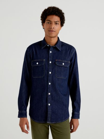 Men's Benetton Denim Pockets Shirts Dark Blue | NZ574069