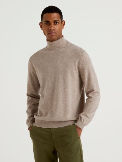 Men's Benetton Dove Gray Pure Merino Wool Turtleneck High Neck Sweaters Dove Grey | NZ171687