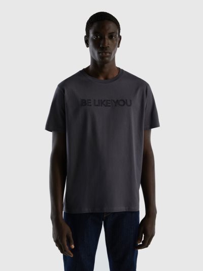 Men's Benetton Embroidered Slogan Short Sleeve T-shirts Dark Grey | NZ735792