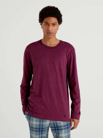 Men's Benetton Embroidery Long Fiber Cotton T Shirts Plum | NZ860851