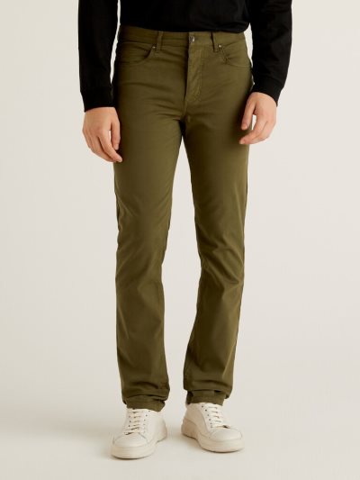 Men's Benetton Five Pocket Stretch Cotton Trousers Military Green | NZ823214