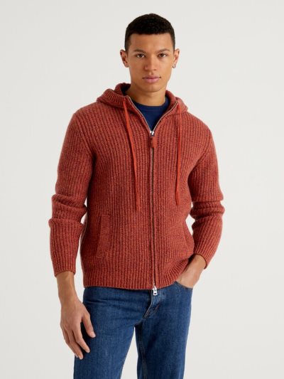 Men's Benetton Hood Shetland Wool Crew Neck Sweaters Red | NZ037307