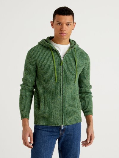 Men's Benetton Hood Shetland Wool Crew Neck Sweaters Green | NZ235643