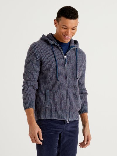 Men's Benetton Hood Shetland Wool Crew Neck Sweaters Blue | NZ461939