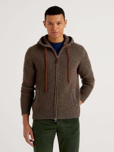 Men's Benetton Hood Shetland Wool Crew Neck Sweaters Brown | NZ901803
