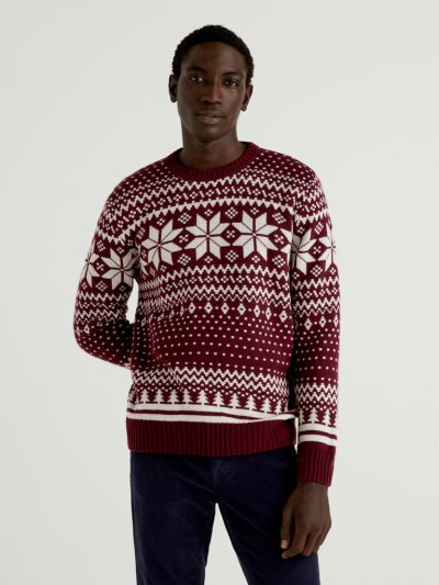 Men's Benetton Jacquard Wool Blend Crew Neck Sweaters Burgundy | NZ681409