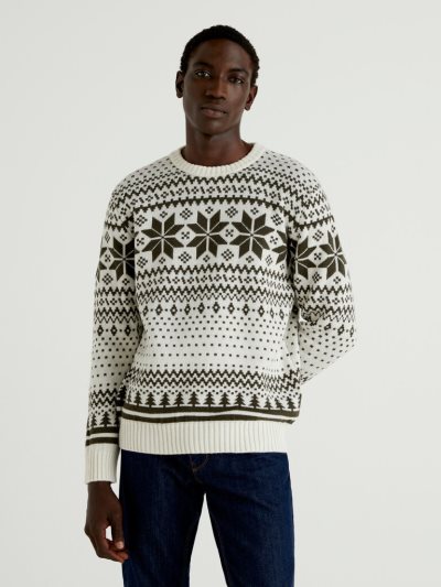 Men's Benetton Jacquard Wool Blend Crew Neck Sweaters Creamy White | NZ727559