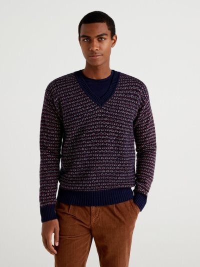 Men's Benetton Jacquard Wool Blend V-neck Sweaters Dark Blue | NZ494182