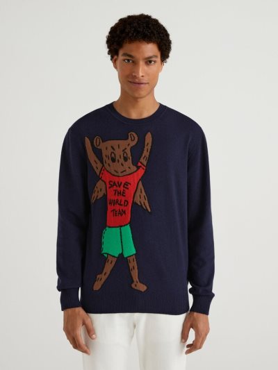 Men's Benetton Jccxucb Bear Inlay Crew Neck Sweaters Dark Blue | NZ824418