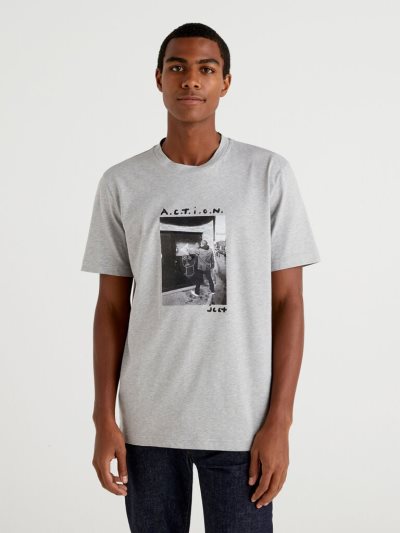 Men's Benetton Jccxucb Photo Print Short Sleeve T-shirts Grey | NZ833059
