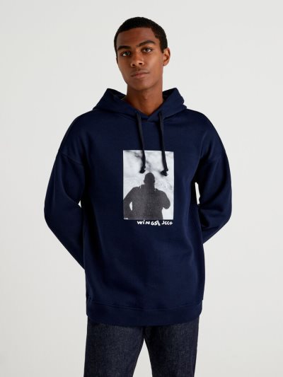 Men's Benetton Jccxucb Warm Photo Print Hoodie Dark Blue | NZ279769