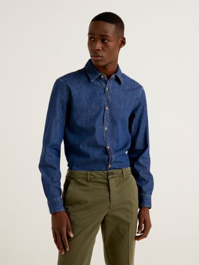 Men's Benetton Jean 100% Cotton Shirts Dark Blue | NZ050482