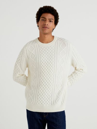 Men's Benetton Knit Wool Blend Crew Neck Sweaters Creamy White | NZ361897