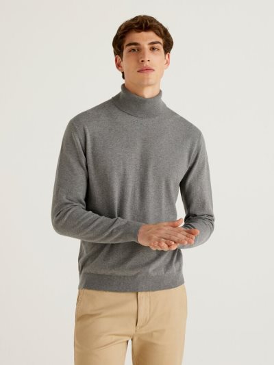 Men's Benetton Lightweight Cotton Blend Turtleneck High Neck Sweaters Light Grey | NZ221320