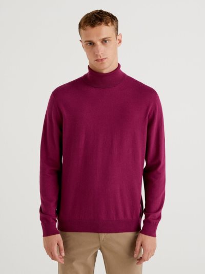 Men's Benetton Lightweight Cotton Blend Turtleneck High Neck Sweaters Plum | NZ315728