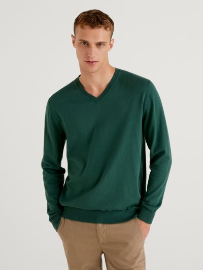 Men's Benetton Lightweight Cotton Blend V-neck Sweaters Dark Green | NZ352795