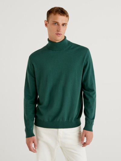Men's Benetton Lightweight Cotton Blend Turtleneck High Neck Sweaters Dark Green | NZ442547
