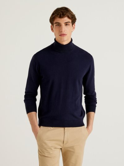 Men's Benetton Lightweight Cotton Blend Turtleneck High Neck Sweaters Dark Blue | NZ491724