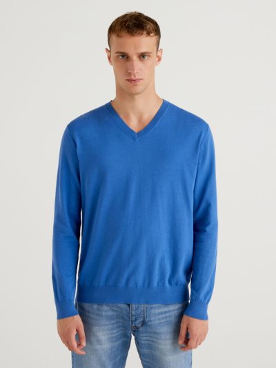 Men's Benetton Lightweight Cotton Blend V-neck Sweaters Bright Blue | NZ501293