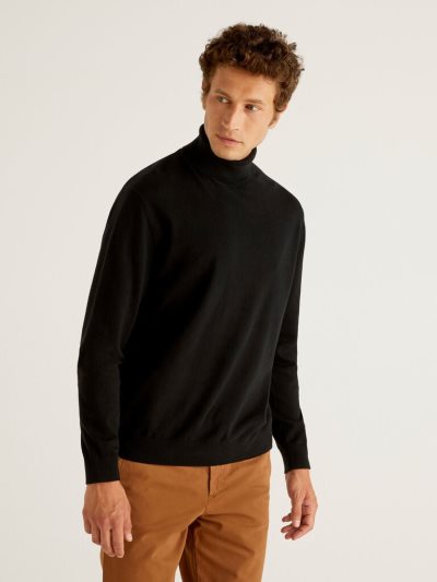 Men's Benetton Lightweight Cotton Blend Turtleneck High Neck Sweaters Black | NZ541820